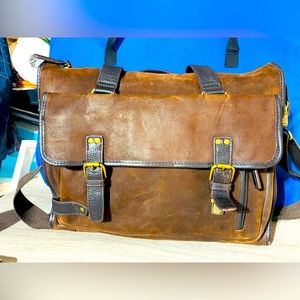 Bosca Briefcase Messenger Bag Laptop Leather Brown Buckles Strap